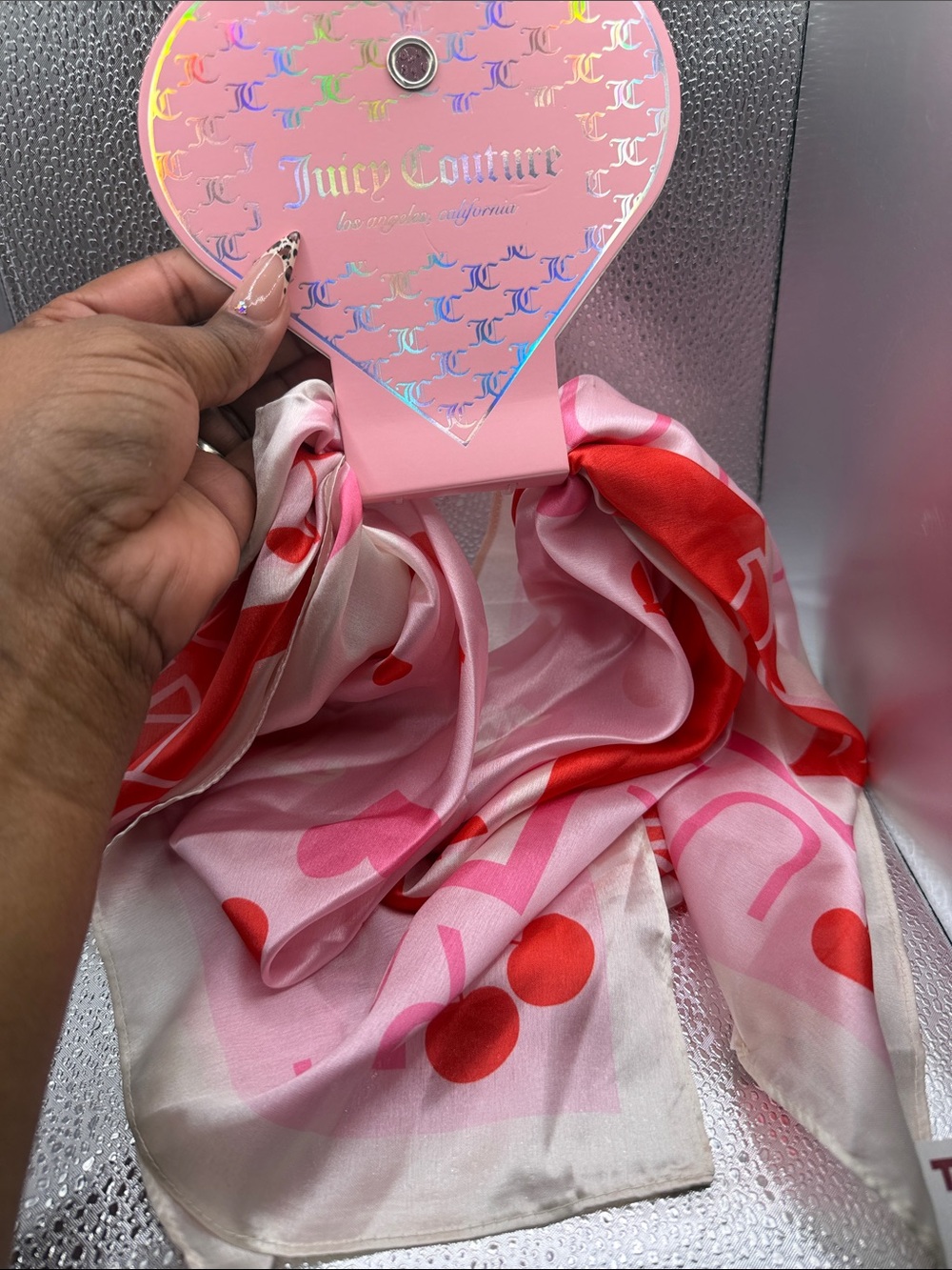 Juicy Couture Pink and Red Logo Silk Scarf